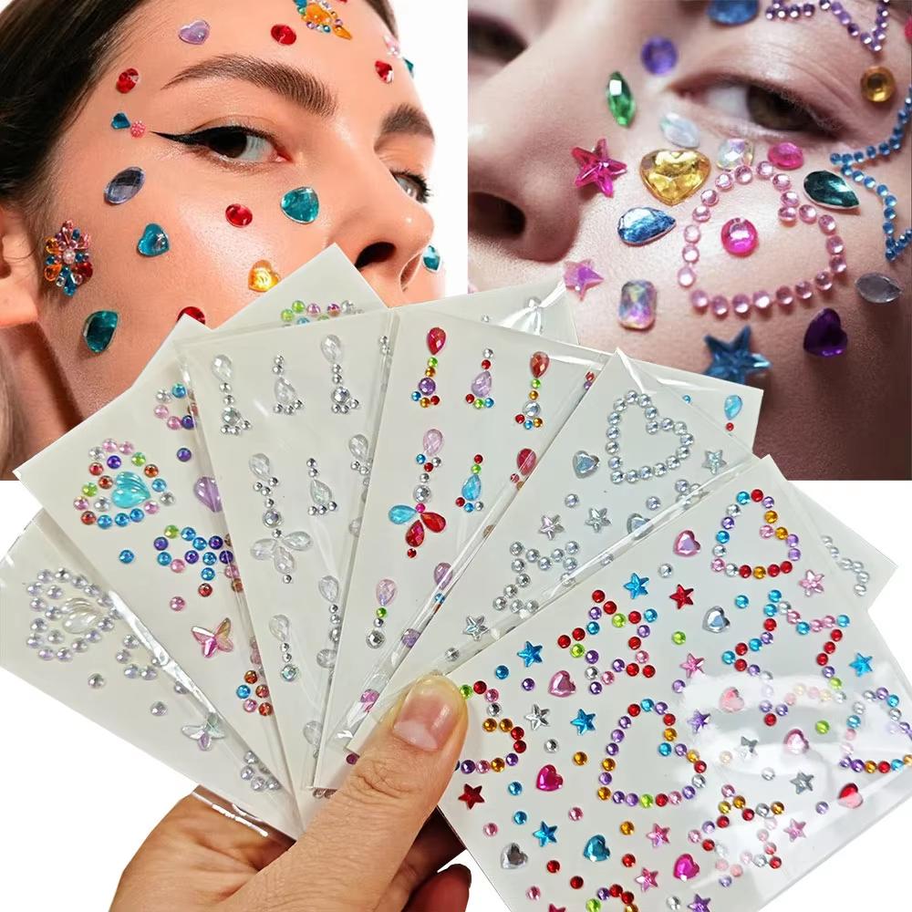 Body Jewelry Stickers - 1 foglio colorato arco/stella/cuore volto strass